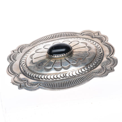 vintage Carson Blackgoat Navajo sterling silver deep stamped onyx brooch/pin