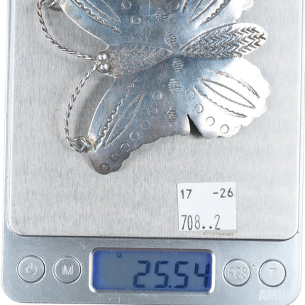 Big vintage Navajo sterling silver hand stamped butterfly pin/brooch