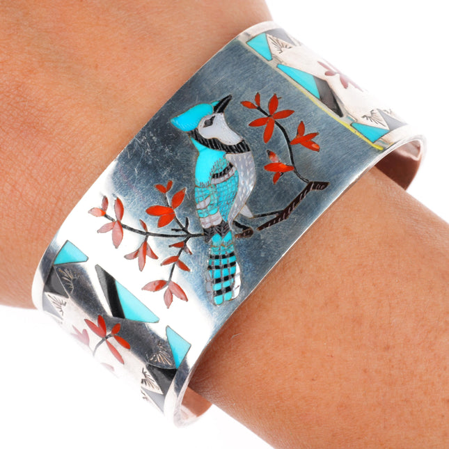 6.4" A.D. Banteah Zuni Bluebird stone/shell inlaid sterling silver cuff bracelet