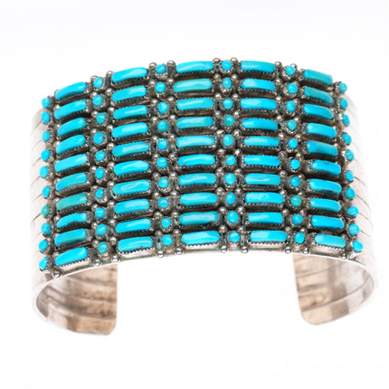 6.2" Vintage Zuni sterling silver dot-dash turquoise 10 row cuff bracelet