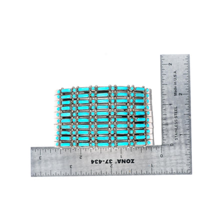 6.2" Vintage Zuni sterling silver dot-dash turquoise 10 row cuff bracelet