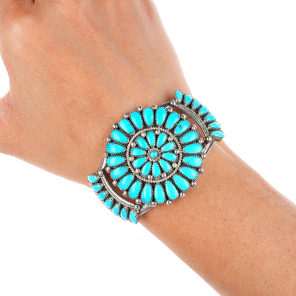 6.4" Lorraine Waatsa Zuni sterling silver turquoise cluster cuff bracelet