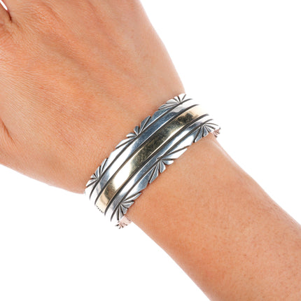 6.5" Victor Hicks Navajo sterling silver 14k gold chiseled cuff bracelet