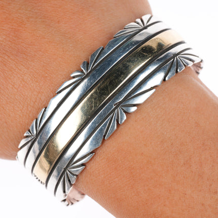 6.5" Victor Hicks Navajo sterling silver 14k gold chiseled cuff bracelet