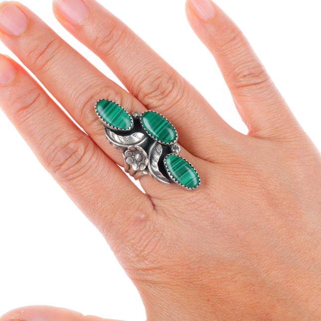 sz7.5 vintage Navajo sterling silver malachite long ring feathers/blossoms