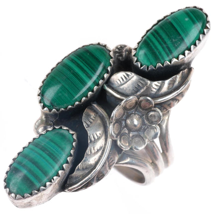 sz7.5 vintage Navajo sterling silver malachite long ring feathers/blossoms