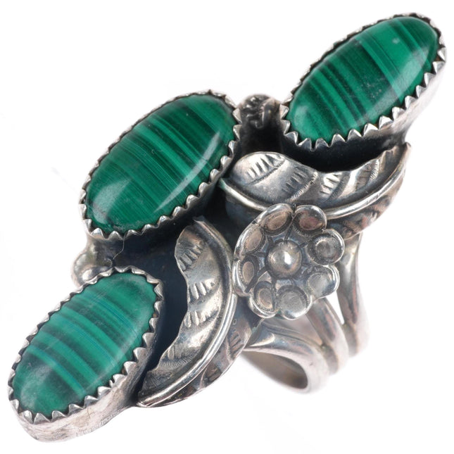 sz7.5 vintage Navajo sterling silver malachite long ring feathers/blossoms