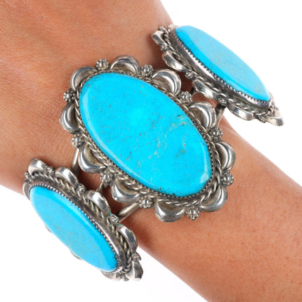 7" Nelson Lee Navajo sterling silver repousse large turquoise cuff bracelet