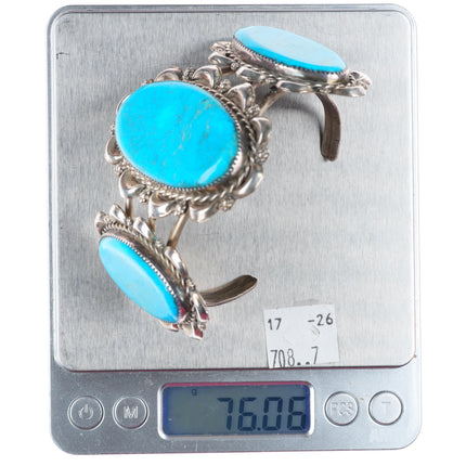 7" Nelson Lee Navajo sterling silver repousse large turquoise cuff bracelet