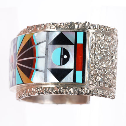 7.5" vintage Esalio Zuni heavy stone/shell inlaid sterling silver cuff bracelet