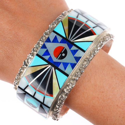 7.5" vintage Esalio Zuni heavy stone/shell inlaid sterling silver cuff bracelet