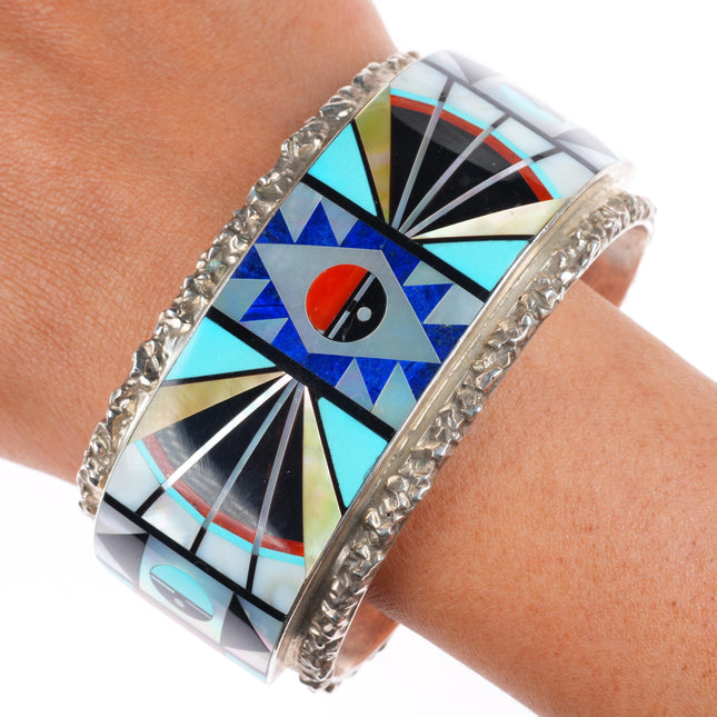 7.5" vintage Esalio Zuni heavy stone/shell inlaid sterling silver cuff bracelet