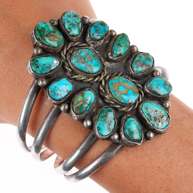 6.5" vintage Navajo sterling silver cluster cuff bracelet with nice turquoise