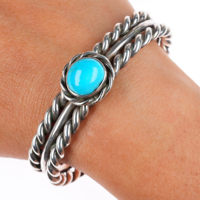 6.4" Vintage Native American sterling silver woven wire cuff bracelet turquoise