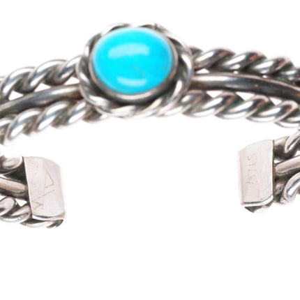 6.4" Vintage Native American sterling silver woven wire cuff bracelet turquoise