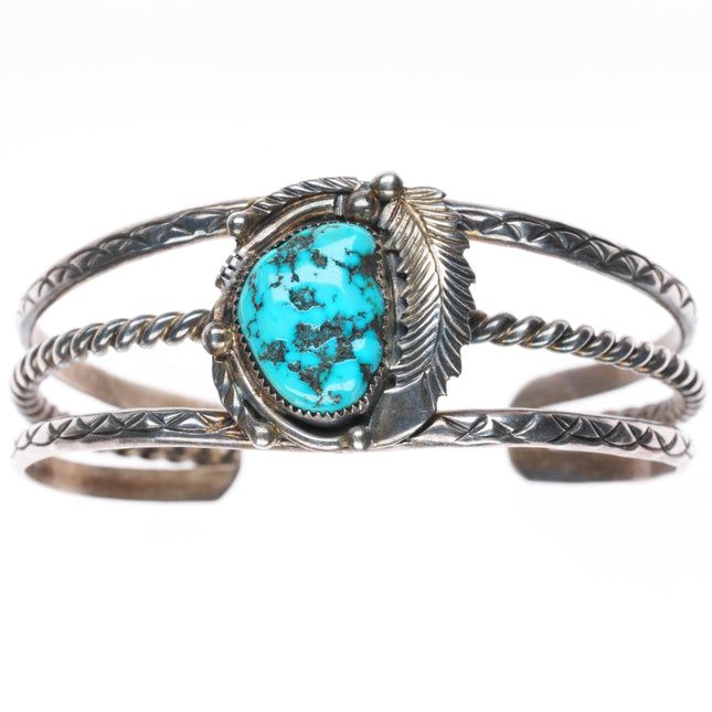 6" vintage Navajo sterling silver stamped shank turquoise cuff bracelet
