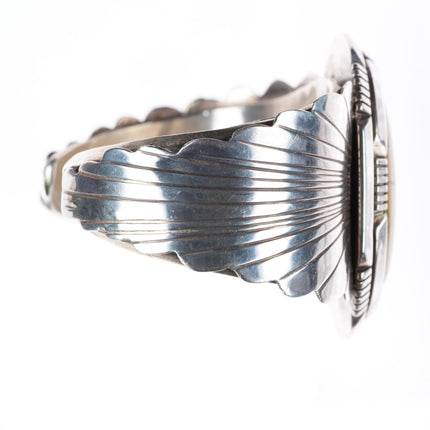 6.6" Heavy vintage Navajo sterling silver webbed turquoise cuff bracelet