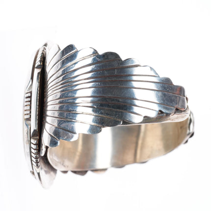 6.6" Heavy vintage Navajo sterling silver webbed turquoise cuff bracelet