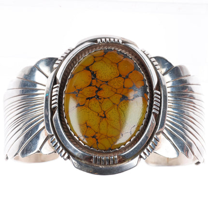 6.6" Heavy vintage Navajo sterling silver webbed turquoise cuff bracelet