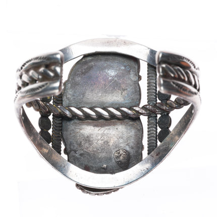 6.25" Vintage Navajo sterling silver stamped sides cuff bracelet with turquoise
