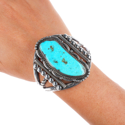 6.25" Vintage Navajo sterling silver stamped sides cuff bracelet with turquoise