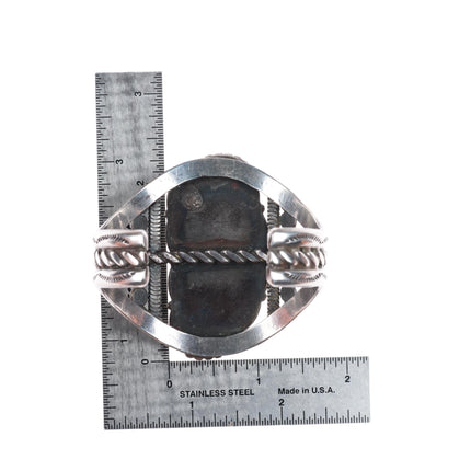 6.25" Vintage Navajo sterling silver stamped sides cuff bracelet with turquoise