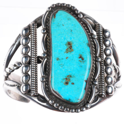 6.25" Vintage Navajo sterling silver stamped sides cuff bracelet with turquoise