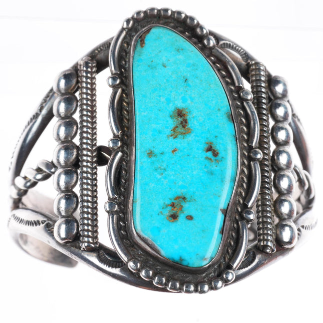 6.25" Vintage Navajo sterling silver stamped sides cuff bracelet with turquoise