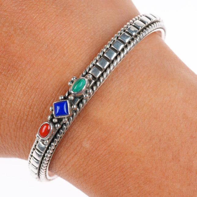 6" Elgin Tom Navajo sterling silver Coral, Lapis, Malachite slim cuff bracelet