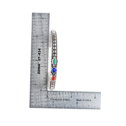 6" Elgin Tom Navajo sterling silver Coral, Lapis, Malachite slim cuff bracelet