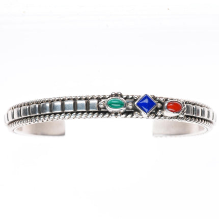 6" Elgin Tom Navajo sterling silver Coral, Lapis, Malachite slim cuff bracelet
