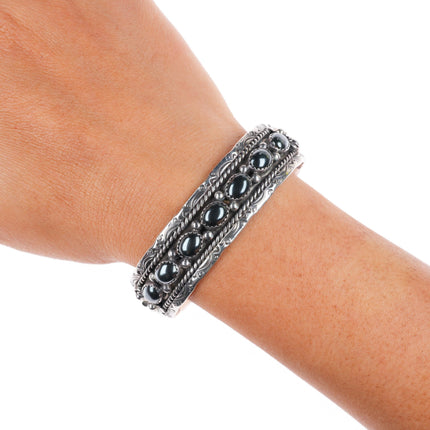 6.6" vintage Frank Sandoval Navajo sterling silver Hematite row cuff bracelet