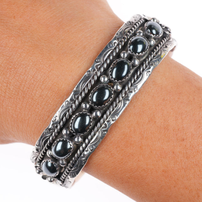 6.6" vintage Frank Sandoval Navajo sterling silver Hematite row cuff bracelet