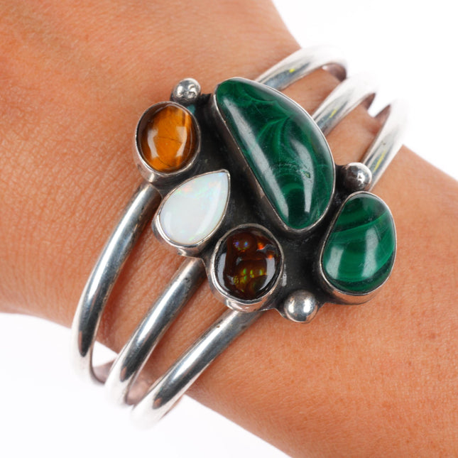 6.4" vintage DG southwestern sterling silver Fire Agate-Opal-Lapis cuff bracelet