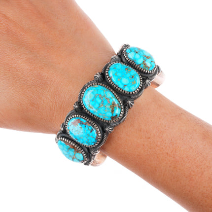 7.1" Kirk Smith Navajo deep stamped sterling silver turquoise cuff bracelet