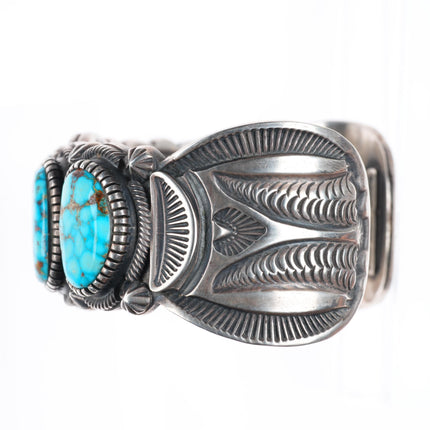 7.1" Kirk Smith Navajo deep stamped sterling silver turquoise cuff bracelet