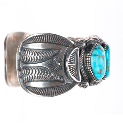 7.1" Kirk Smith Navajo deep stamped sterling silver turquoise cuff bracelet