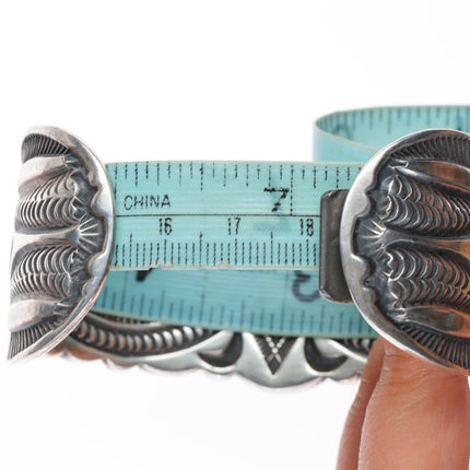 7.1" Kirk Smith Navajo deep stamped sterling silver turquoise cuff bracelet