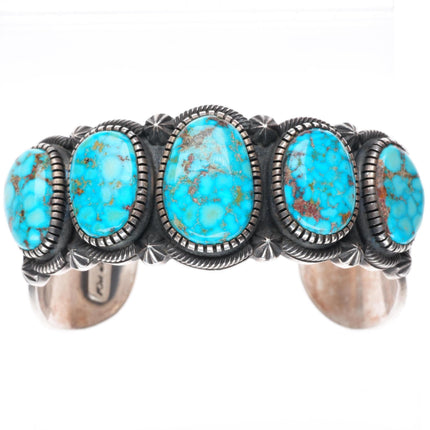 7.1" Kirk Smith Navajo deep stamped sterling silver turquoise cuff bracelet