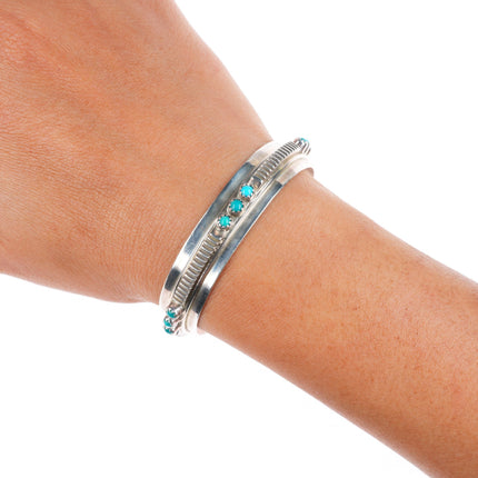 6.1" vintage Navajo sterling silver snake eye turquoise chiseled cuff bracelet