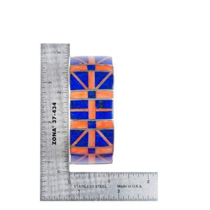 6.5" Mary Morgan Navajo sterling silver coral and lapis inlay cuff bracelet