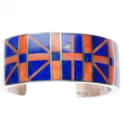 6.5" Mary Morgan Navajo sterling silver coral and lapis inlay cuff bracelet