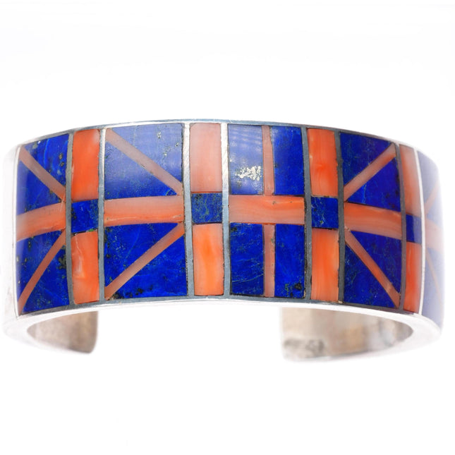 6.5" Mary Morgan Navajo sterling silver coral and lapis inlay cuff bracelet