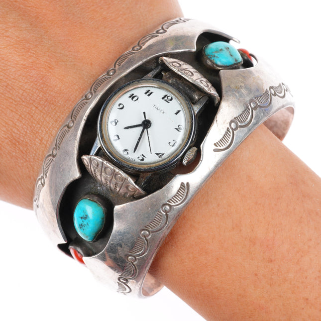 7" vintage Navajo sterling silver turquoise-coral shadowbox watch cuff bracelet