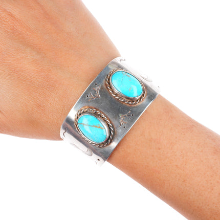 6.25" vintage Native American sterling silver wide band turquoise cuff bracelet