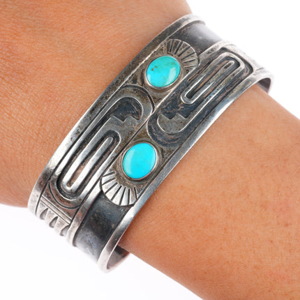 6.6" 1950's Douglas Holmes Hopi overlay turquoise sterling silver cuff bracelet