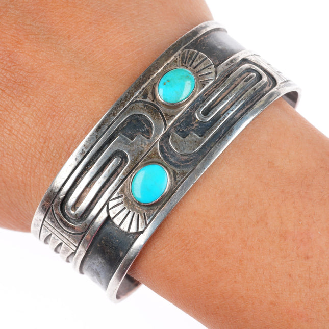 6.6" 1950's Douglas Holmes Hopi overlay turquoise sterling silver cuff bracelet