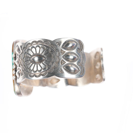 6.8" Navajo stamped sterling silver Ceremonial Kingman turquoise cuff bracelet