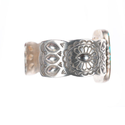 6.8" Navajo stamped sterling silver Ceremonial Kingman turquoise cuff bracelet