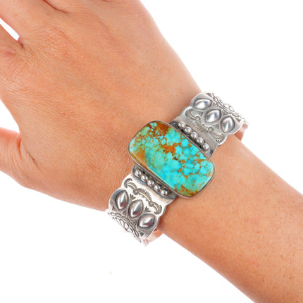 6.8" Navajo stamped sterling silver Ceremonial Kingman turquoise cuff bracelet